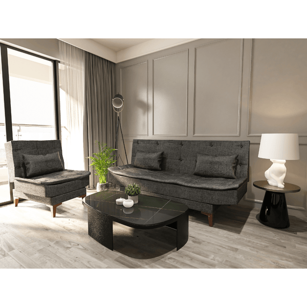 Gozos Salamanca Sitzgruppe Bettcouch + Bettfunktion Ohrensessel | Hochwertige Set besteht aus Leinenstoff | Wohnzimmermöbel Dekorative Sitzgruppe mit Holzbein Schlafsofa und Relaxsessel | Anthrazit